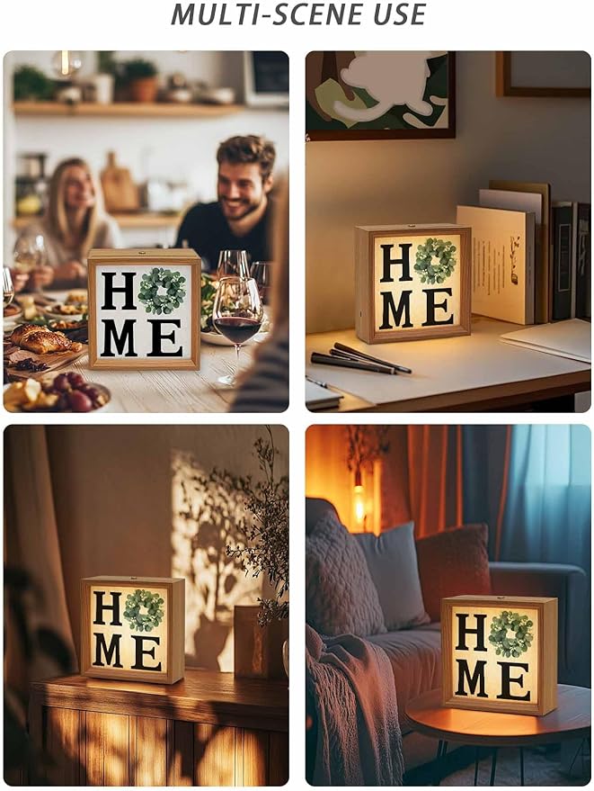 Wood Night Light Box 6.5x6.5in,Home Green Eucalyptus Leaves Garland Table Lights Wooden Picture Frame with USB Rechargeable Touch LED Lights for Home Decor Desktop Display,Retro Linen