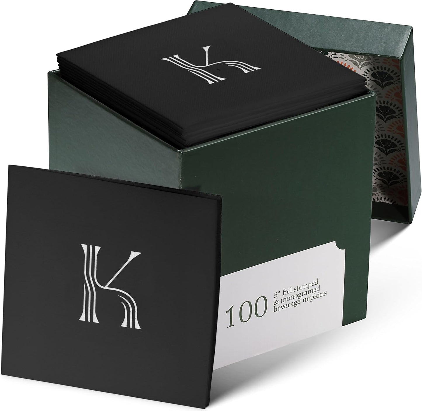 100 Pack Disposable Monogrammed Cocktail Napkins Black, 5"x5" Linen-Feel Silver Foil Letter K Paper Napkins, Initial White Beverage Napkins For Wedding, Party, Bar Or Holiday