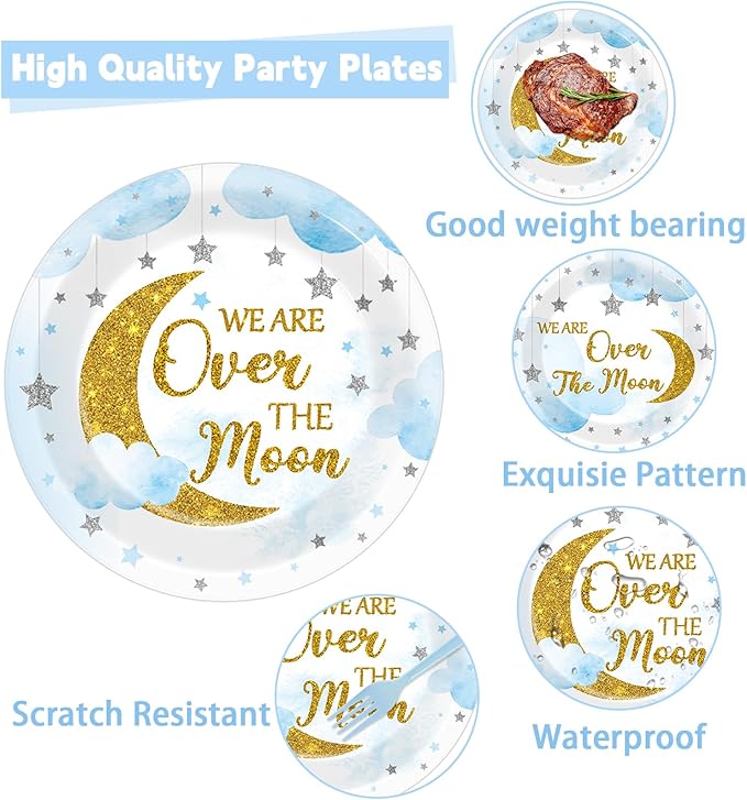 96Pcs Moon and Stars Party Paper Plates and Napkins Blue Moon Celestial Baby Shower Party Supplies Tableware Gender Reveal Little Star Birthday Disposable Plates for Birthday Gatherings Decorations