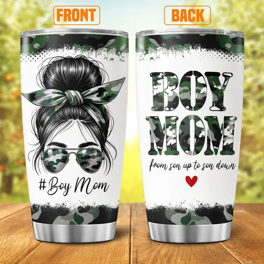 Boy Mom Camouflage Gift 20oz Insulated Stainless Steel Tumbler, Funny Camo Travel Cup for Mothers from Son, From Son Up to Son Down Quote, Vacuum Mug for Coffee, Water, or Outdoor