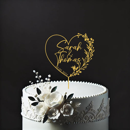 Customized Wedding Cake Topper, Custom Name and Date Cake Toppers, Wedding Cake Topper with Wreath and Heart, Ideal for Wedding and Anniversary Cakes, Cake Topper for Couple, Wedding, Engagements