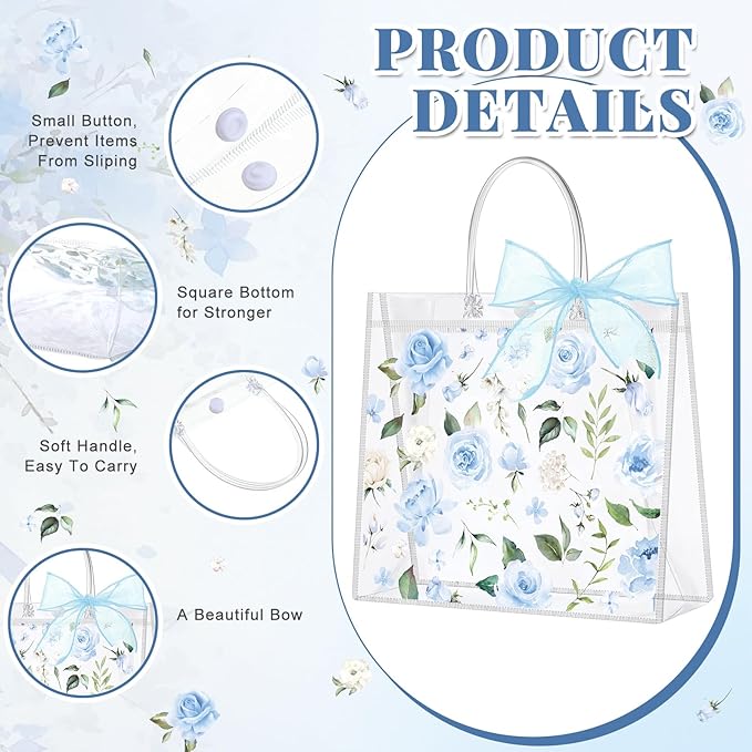 Wesnoy 24 Pcs Clear Floral Gift Bags with Handles Rose Blue Flower PVC Treat Tote Bag for Tea Birthday Party Wedding Bridal Shower Bachelorette Anniversary Engagement Guests, 7.8 x 7.8 x 3.2 Inch