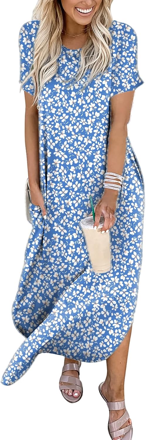 ANRABESS Womens Summer Maxi Dress Short Sleeve Casual Loose Long T Shirt Dresses Split Vacation Beach Sundress Travel Outfits
