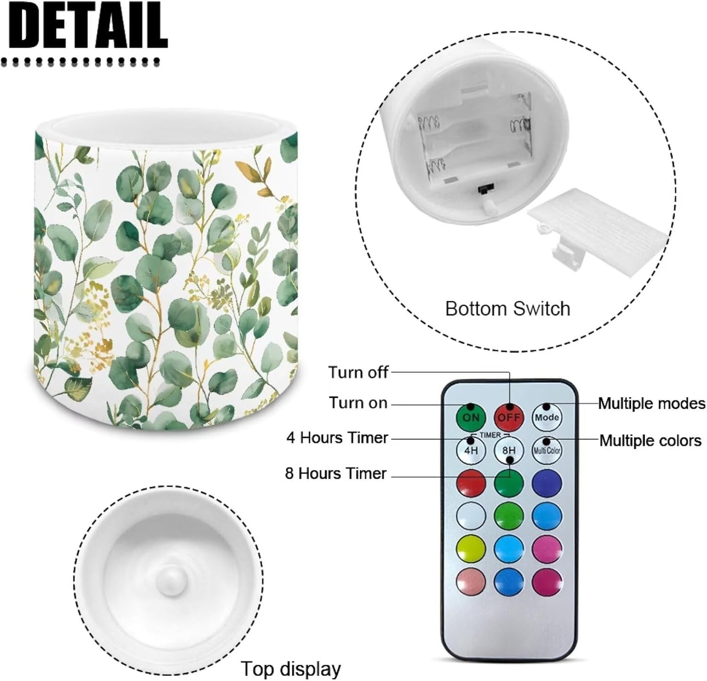 Poceacles Remote Control LED Flameless Candles Set of 4, Decorative Flickering Battery-Powered Candles with Remote Control for Restaurant Cafe Party Decor, Eucalyptus Leaf Green White