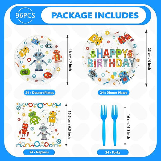 Grencian 96Pcs Robot Birthday Party Supplies Robot Themed Plates and Napkins Disposable Tableware Set for Boys Kids Birthday Party Baby Shower Decorations Serves 24