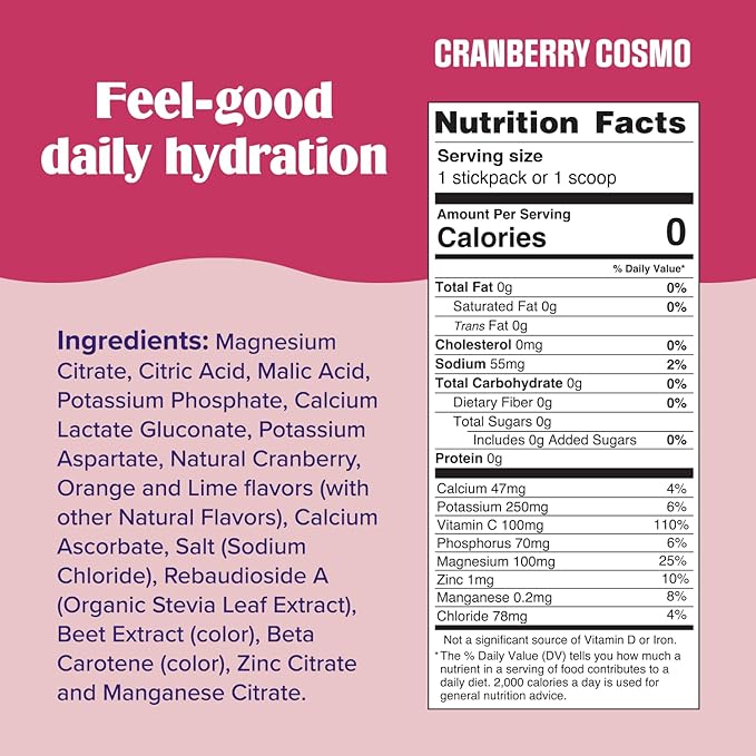 Ultima Replenisher Daily Electrolyte Powder Drink Mix - Sugar Free - Cranberry Cosmo, 16 Stickpacks - Hydration Packets with 6 Key Electrolytes and Trace Minerals – Keto Friendly, Non-GMO