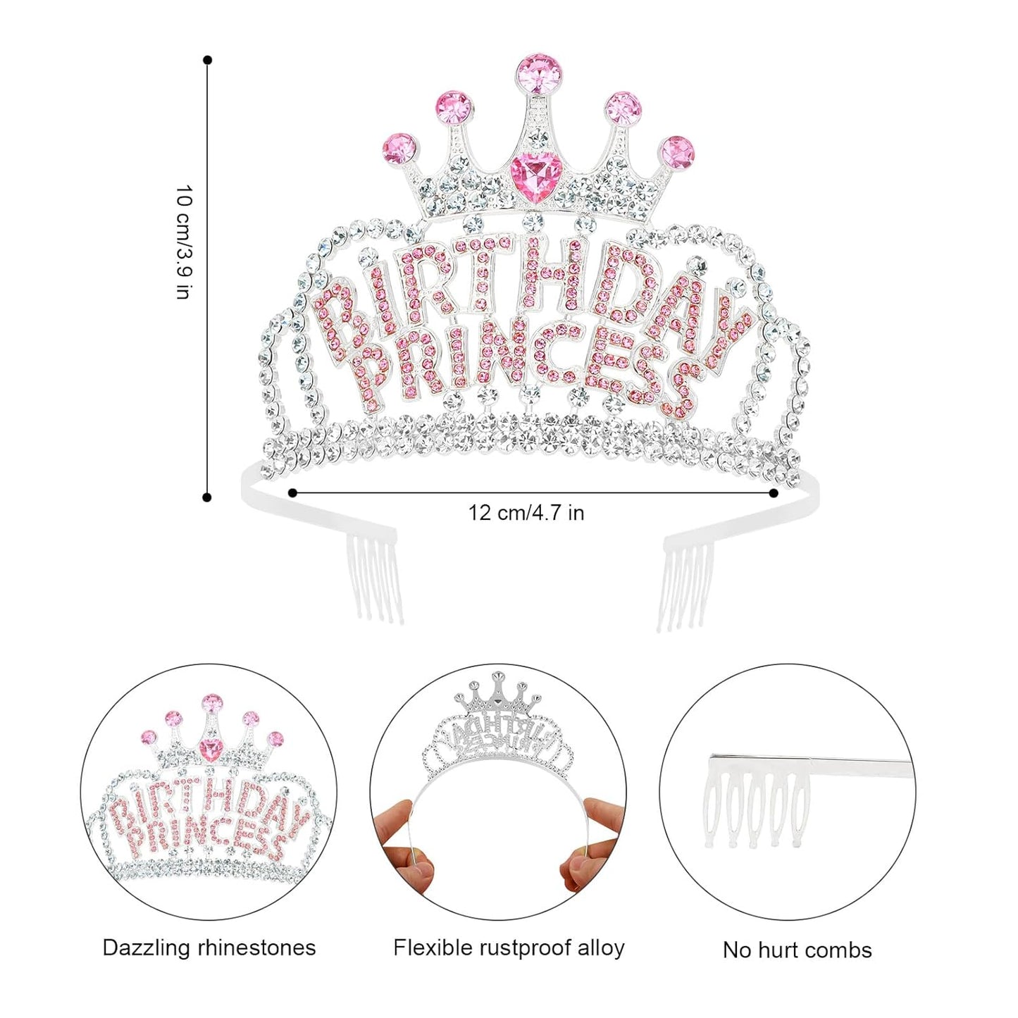 Wecoe Birthday Crown Silver Princess Rhinestone Tiara with Combs Happy Birthday Party Favors Pink Decorations 16th 18th 21st 25th Gifts for Her