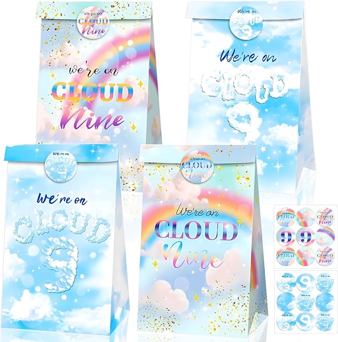 Inshinern Rainbow Clouds 9th Birthday Party Favors We're on Cloud Nine Birthday Goodie Bag Candy Treat Bags for Women Rainbow Themed Party Decor Engagement Party Supplies(12 Pcs)