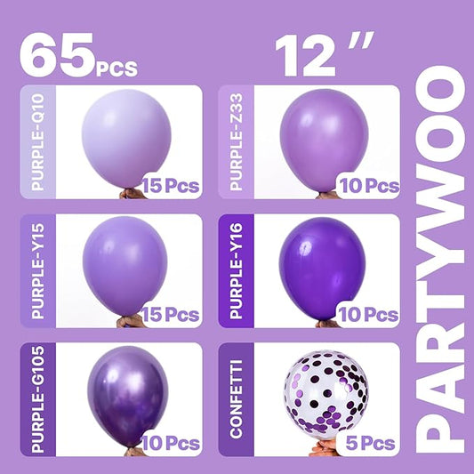 PartyWoo Purple Balloons 65pcs 12 Inch Light Pastel Dark Metallic Purple Lilac Lavender Confetti Balloons for Graduation Baby Shower Birthday Wedding Anniversary Butterfly Princess Party Decorations