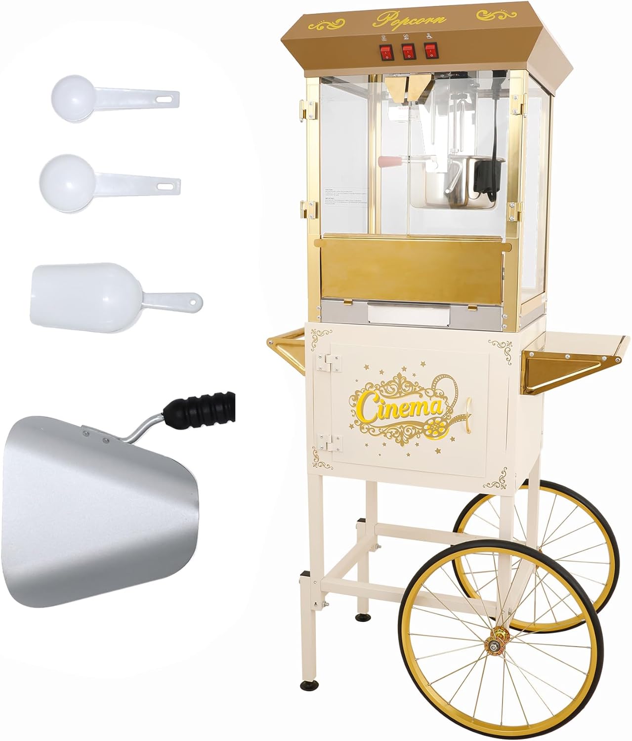 Upgraded 16oz Commercial Popcorn Machine with Cart, Large Popcorn Machine Makes Up to 80 Cups, Movie Theater Pop Corn Machine with Easy-Rolling wheels & Stainless-Steel Kettle, Beige&Gold