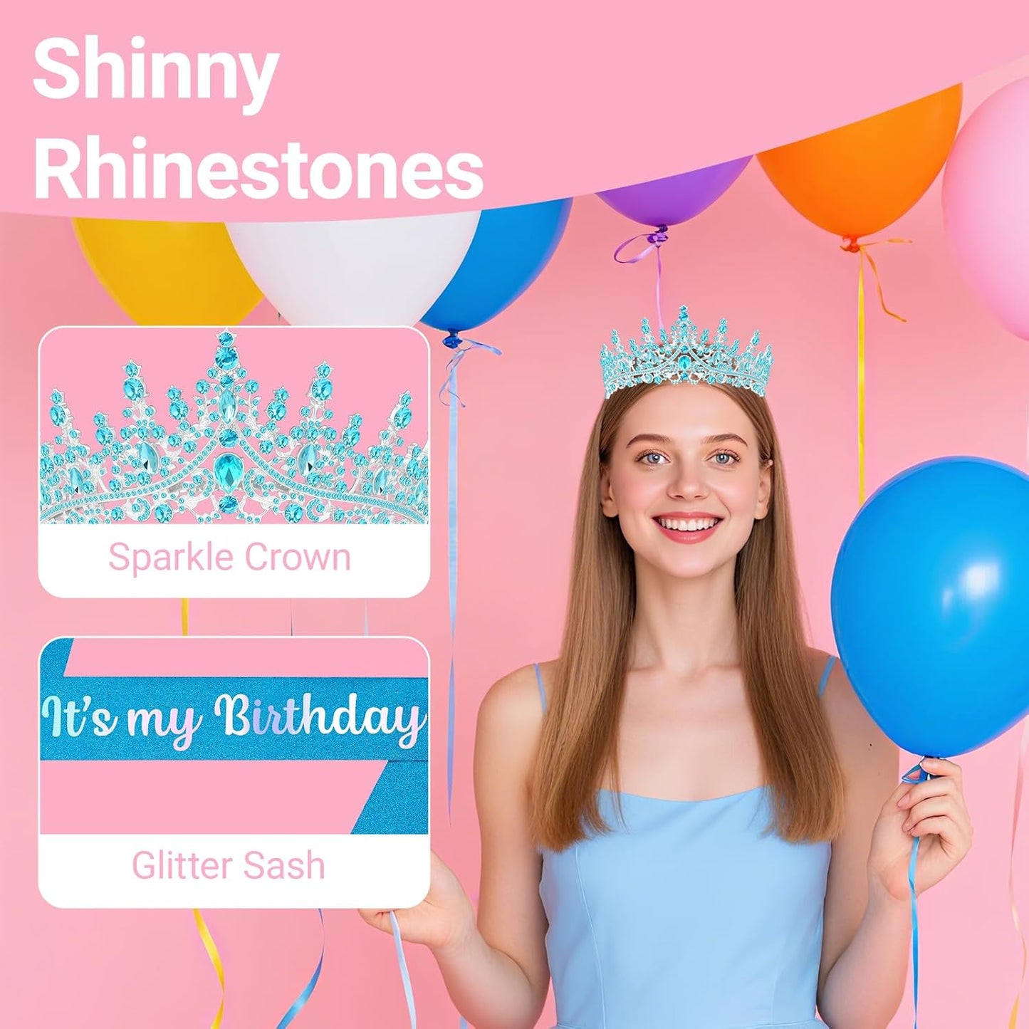 Birthday Tiara and Crown with Sash, Birthday Tiara for Women Party (Blue)
