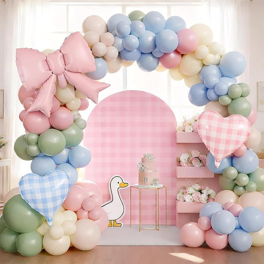 Silly Goose Balloon Arch with Checkered Heart Bow Foil Balloons, Pink Blue Sage Green Sand White Ivory Balloon Garland for Girls Boys First Birthday Baby In Bloom Baby Shower Flower Fairy Tea Decor