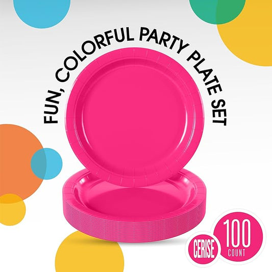 Exquisite Hot Pink Paper Plates Disposable Heavy Duty 9 Inch Hot Pink Disposable Plates For Party 100 Pcs Heavy Duty Paper Plate 350 GSM, Birthday Party Supplies Plate Set
