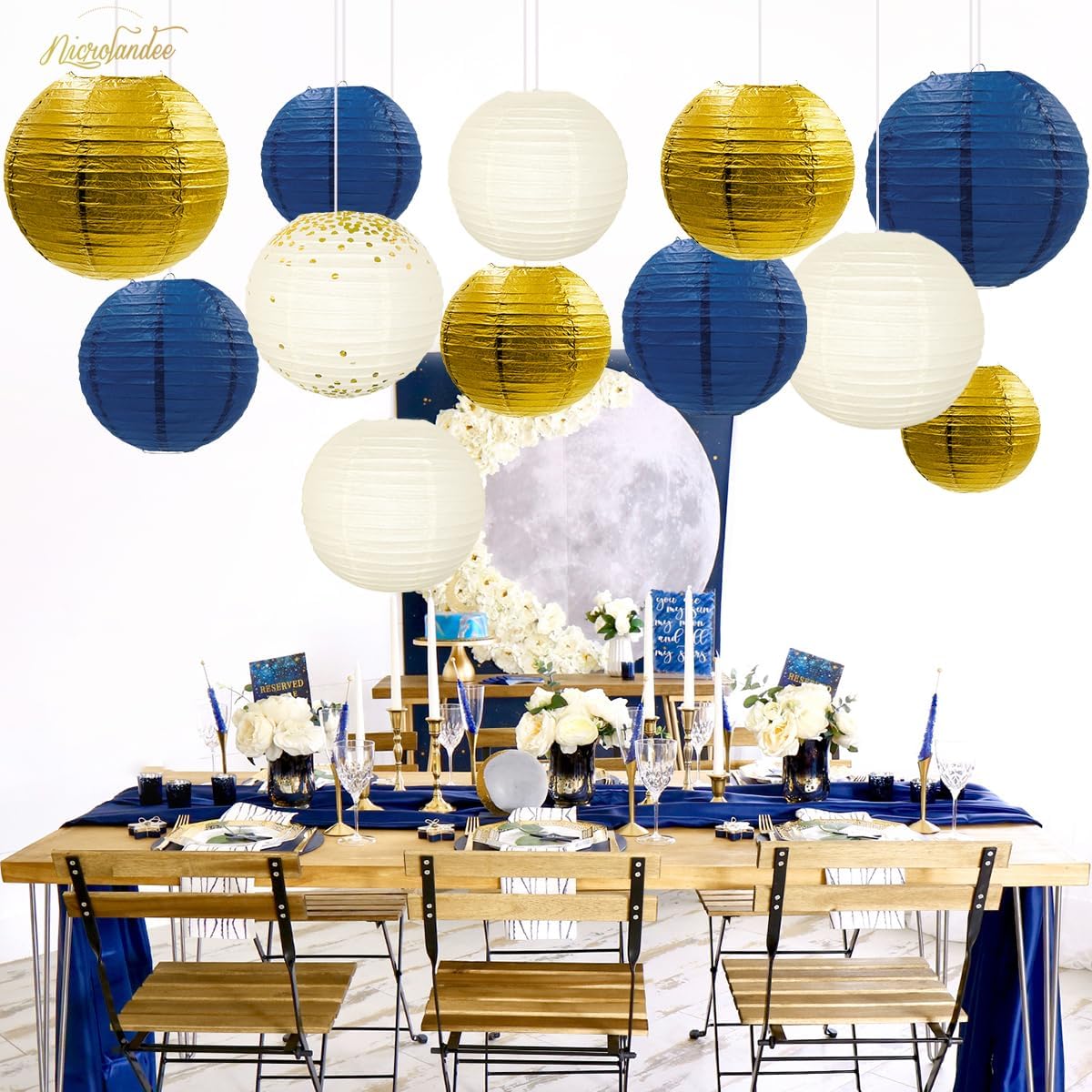 NICROLANDEE Party Decorations - 12PCS Navy Blue Gold Glitter Hanging Paper Lanterns for Graduation Decoration, Birthday, Bridal Shower, Wedding, Engagement, Bachelorette, Gender Reveal Party Supplies