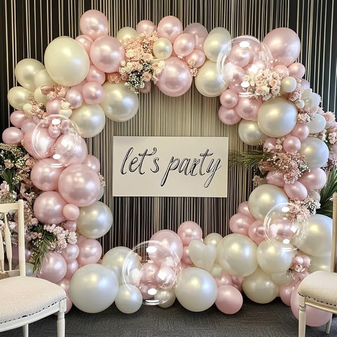 Pearl Sand White Balloon Arch Double Stuffed White Ivory Cream Beige Balloon Garland Kit Different Sizes 12/10/5in With Clear Bobo Balloons for Birthday Wedding Bridal Baby Shower Baptism Party Decor