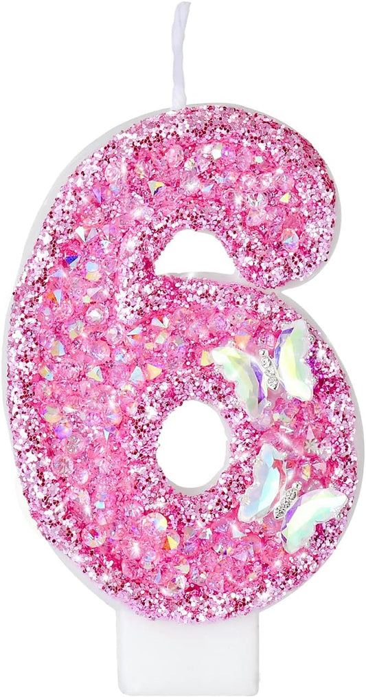Birthday Candles, Number Candles for Birthday Cakes with Butterfly, Pink Birthday Candles Sparklers, 3.2" Cake Candles for Cake Topper Decoration, Party/Festival Celebration(Number 6)