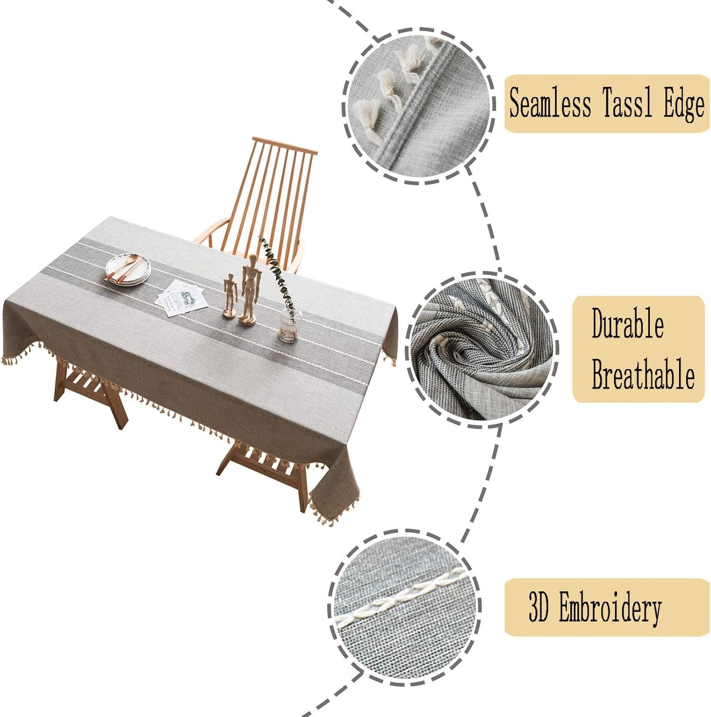 Cotton Linen Tablecloth, Tassel Stitching Table Cloth, Wrinkle Free Farmhouse Table Cover for Kitchen Dining, Party, Holiday (Rectangle, 55''x102'', 8-10 Seats, Gray)