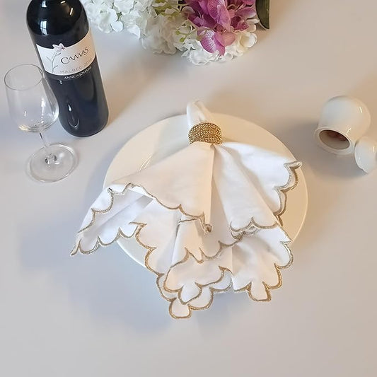 FINGERCRAFT Cloth Napkins, Everyday Use Scallop Design with Golden Zari, Premium Quality Natural Cotton Napkin Cloth Set of 6 Perfect for Parties Dinners Weddings Christmas 20x20 inch White