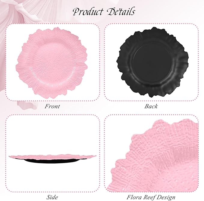 24 Pack Pink Charger Plates Bulk, 13" Plastic Reef Chargers for Dinner Plates, Round Charger Plate with Floral Reef Design for Dinner Wedding Party Table Setting Decoration