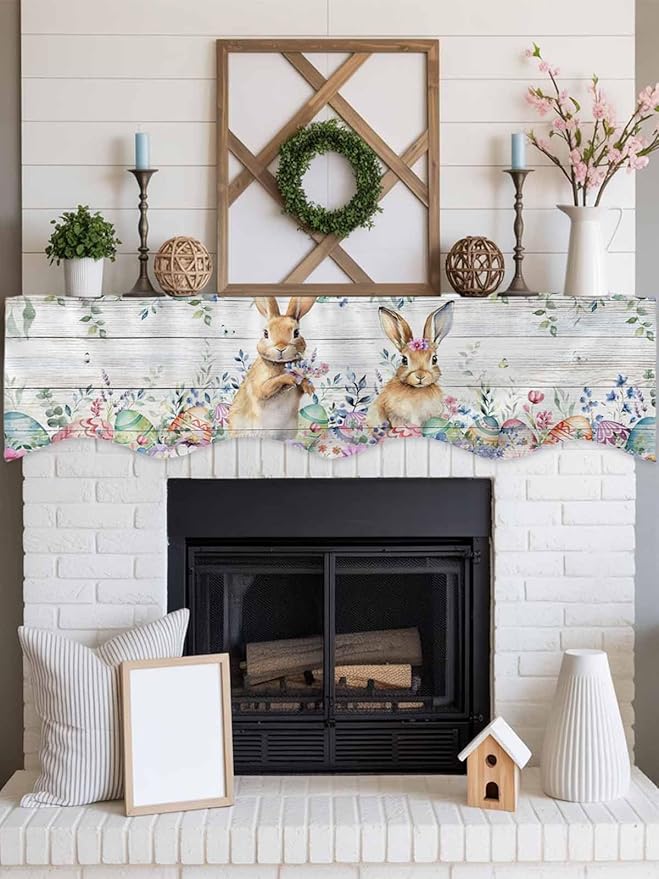 Bunny Easter Fireplace Mantel Scarf Table Runner,Spring Floral Eucalyptus Leaves Weeping Wooden Winter Garland Mantel Top Tablerunners Dresser Scarves Cover for Windows Party Living Room 60"x17"