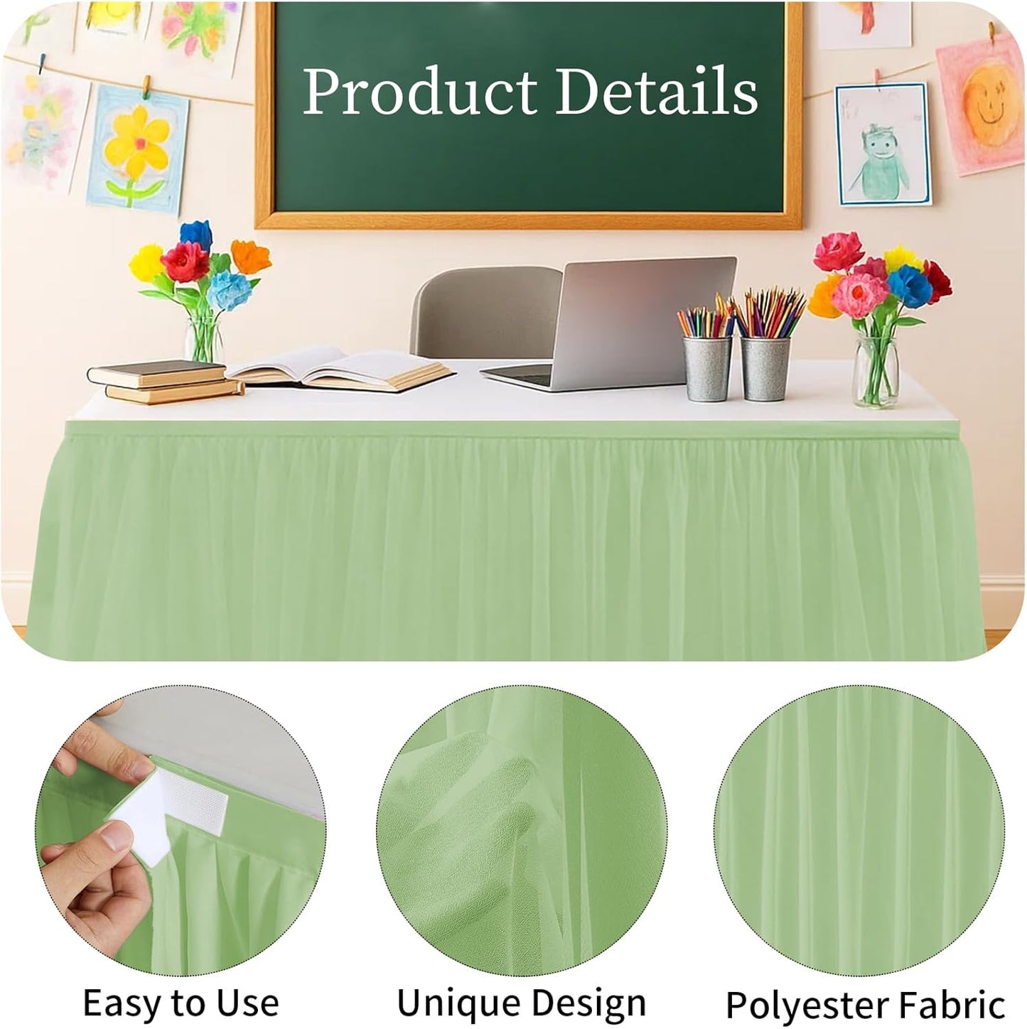 9FT Tulle Table Skirt for Teacher Desk Rectangular Ruffle Table Back to School Supplies for Kindergarten Preschool Middle School Classroom Decor, Sage Green