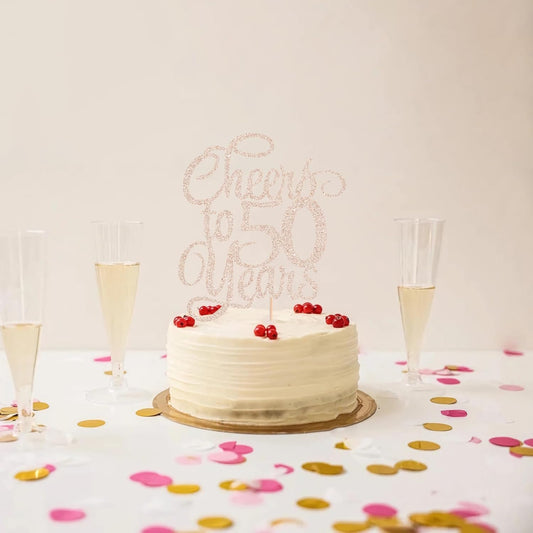 Cheers to 50 Years Cake Topper - Rose Gold Glitter 50th Birthday Cake Decorating Supplies, Perfect for 50th Anniversary or Fifty Birthday Party, Photo Booth Props