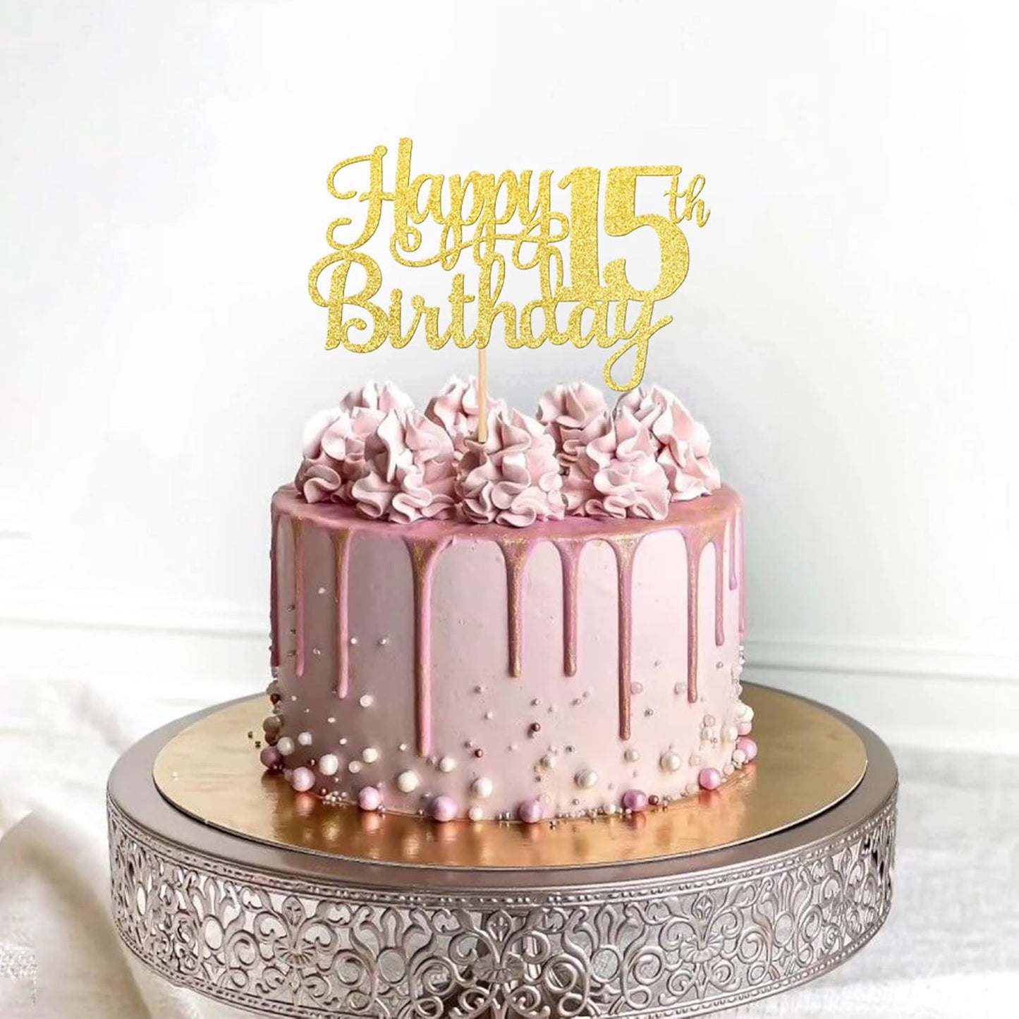 1 PCS Happy 15th Birthday Cake Topper Gold Glitter Cheers to 15 Years Birthday Cake Pick Mis Quince 15 Fabulous Cake Decoration for Happy 15th Birthday Theme Party Decorations Supplies