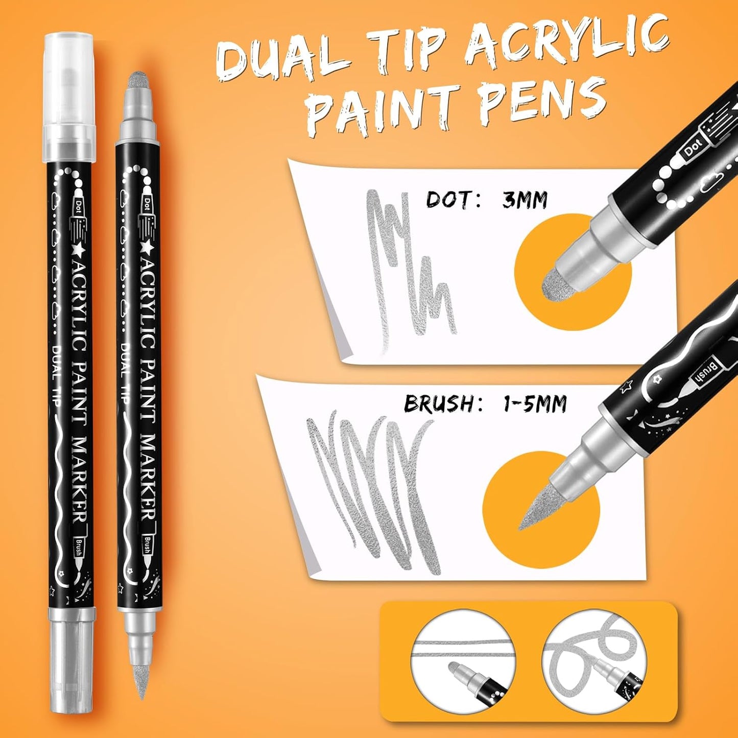 Silver Acrylic Paint Pens Markers, 6 Pc Dual Tips Waterproof Paint Markers For Rock Painting, Fabric, Metal, Glass, Wood, Canvas, Ceramic, Pumpkins, Eggs, Plastic, Non-Toxic & Odor