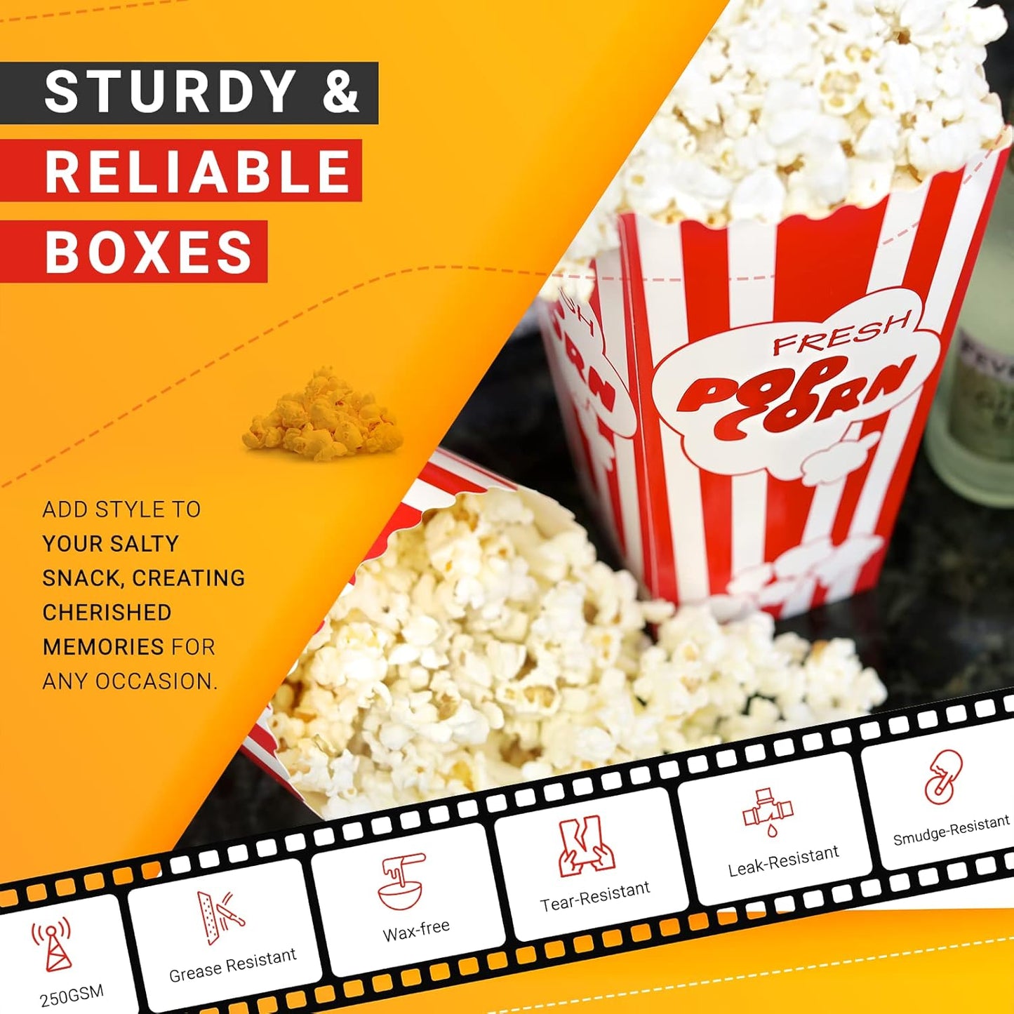30 Movie Night Popcorn Paper Boxes Buckets 7.75 Inches Tall Large Box & Holds 46 Oz Old Fashion Vintage Retro Party Design Red & White Colored Nostalgic Carnival Stripes Bags & Tubs various qty avail