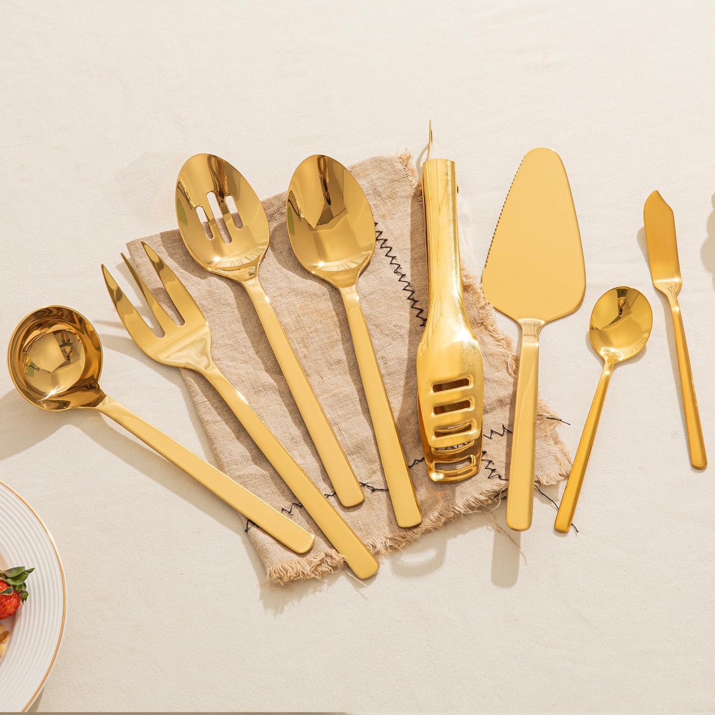 KINGSTONE Large Hostess Gold Serving Utensils Set, 18/10 Stainless Steel -10 inch Serving Spoons, Slotted Spoons, Forks, Tongs, Cake Pie Server, Butter Knife, Sugar spoon for Buffet, Wedding, Party