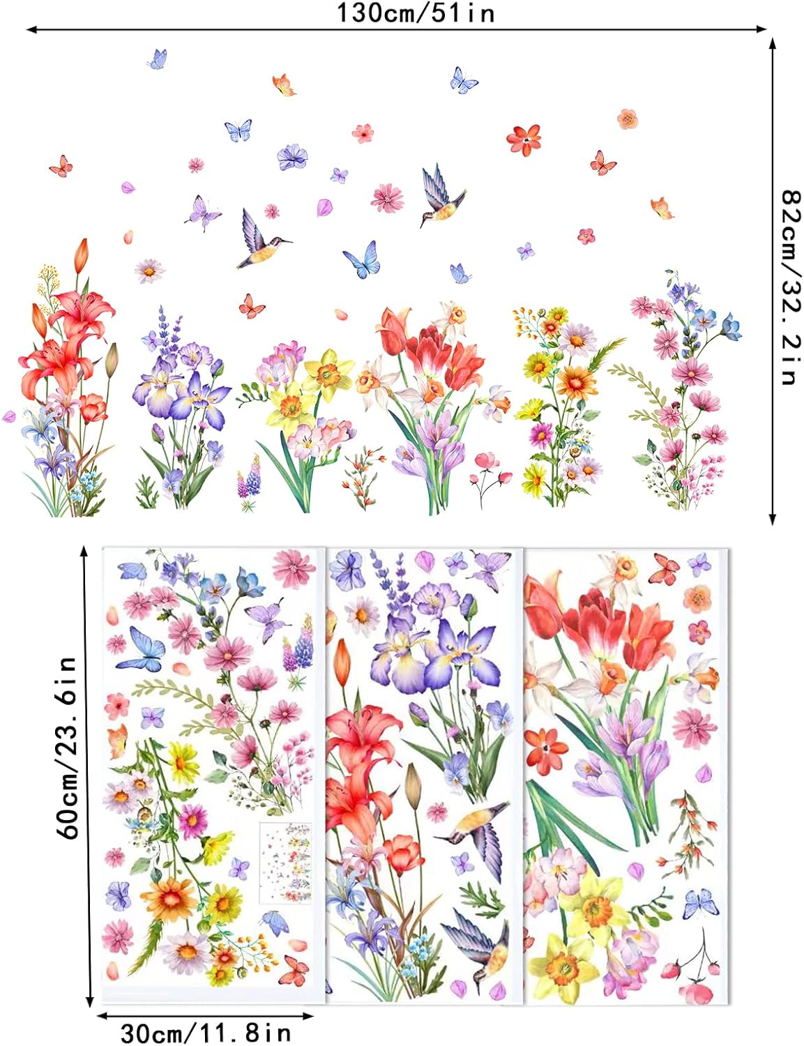 Watercolor Flower Wall Decals Stickers Birds Butterfly Floral Wall Stickers Removable Wildflower Wall Decor for Summer Girls Bedroom Living Room Nursery Decoration