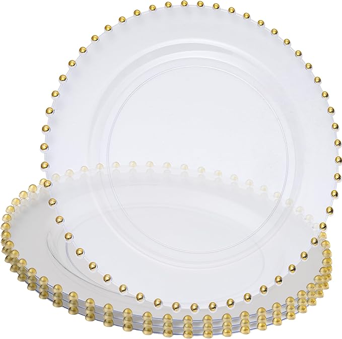 PLASTICPRO Clear with Gold Rim Plastic Charger Plates with Beaded Edge – Pack of 4 – 13" Elegant Round Disposable Chargers for Weddings, Events, Parties, and Dinners