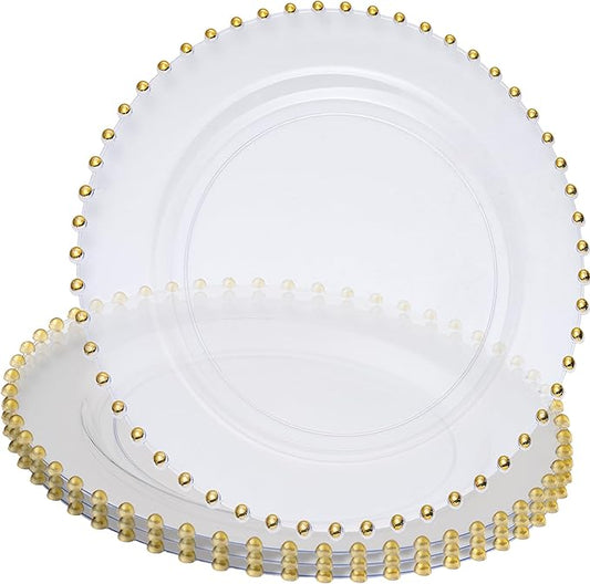 PLASTICPRO Clear with Gold Rim Plastic Charger Plates with Beaded Edge – Pack of 4 – 13" Elegant Round Disposable Chargers for Weddings, Events, Parties, and Dinners
