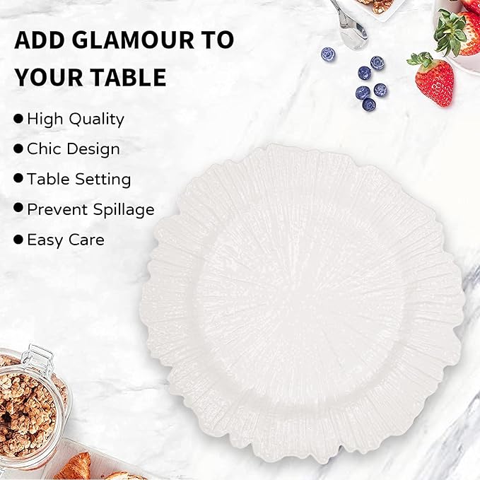 MAONAME Reef White Charger Plates, Plate Chargers for Dinner Plates, Plastic Plate Chargers for Wedding Decor, Thanksgiving, Christmas, Set of 6