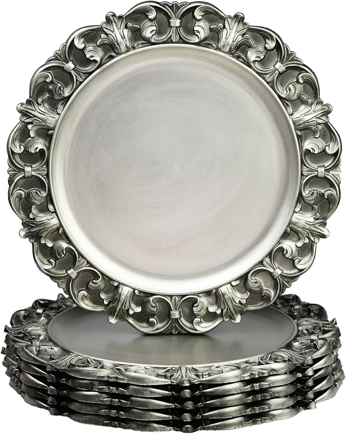 13" Antique Silver Charger Plates, Set of 6 Plastic Textured Chargers for Dinner Plates with Embossed Rim, Table Décor, Party, Wedding, Holiday