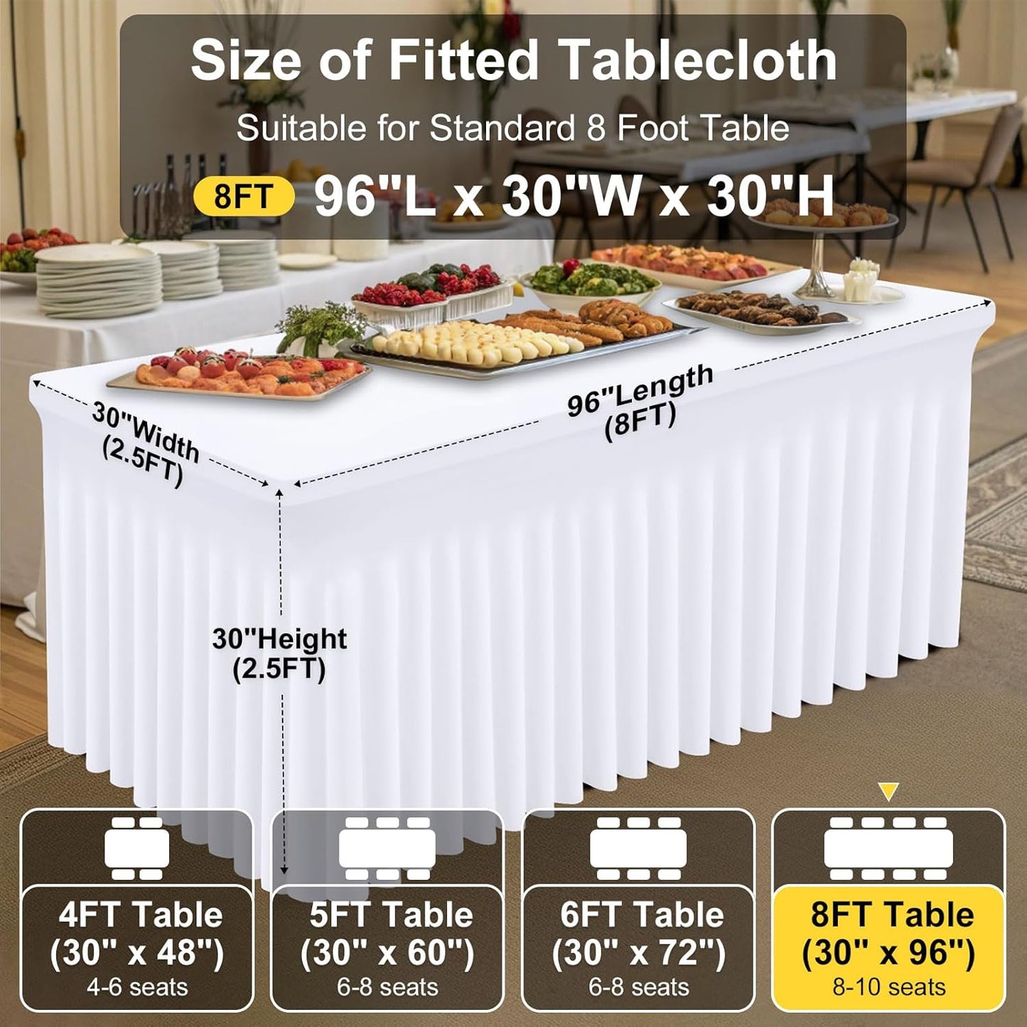 Smiry Spandex Tablecloth, Elastic Fitted Stretch Tablecloth for 8FT Rectangle Tables, Waterproof Washable Table Cover Skirt for Outdoor, Wedding, Banquet & Parties (White, 96Lx30Wx30H Inch)