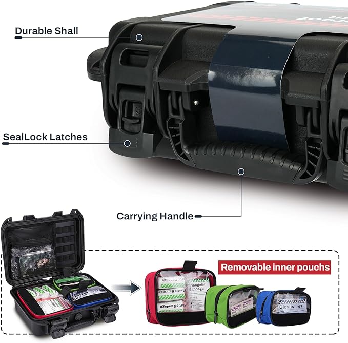 RHINO RESCUE Waterproof Marine First Aid Kit for Boat Durable First Aid Box for Crews with Emergency Medical Supplies for Travel & Fishing (Black)
