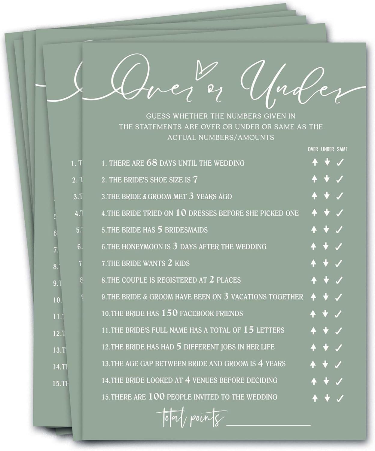 Bridal Shower Games Cards, Guess Over or Under, Bridal Shower Game 25 Guests, Engagement Party Wedding Games for Guests, Minimalist Green Wedding Party Supplies - C13