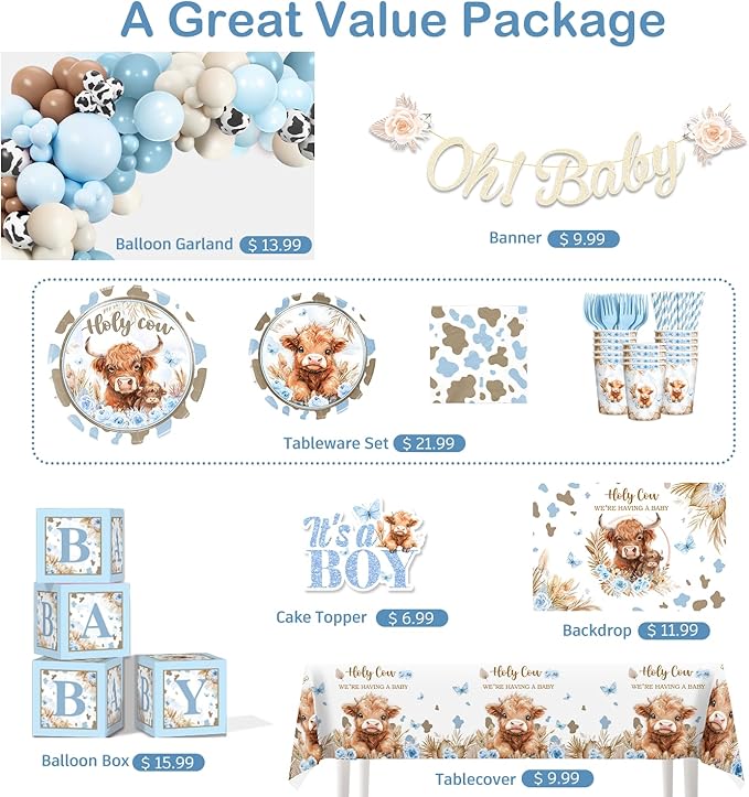 Cocomigo 241pcs Highland Cow Baby Shower Decorations for Boy, One-stop Package Includes 40 Plates 2 Tablecloths 1 Sash and 1 Pin, Complete Balloon Arch Tableware Set for Baby Shower