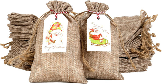 Tapleap Burlap Bags with Drawstring, 4x6 Inches Burlap Sack with Christmas Tags and String (Lot of 50) for Wrapping Christmas Gifts, Party Favors or for Christmas Decorations