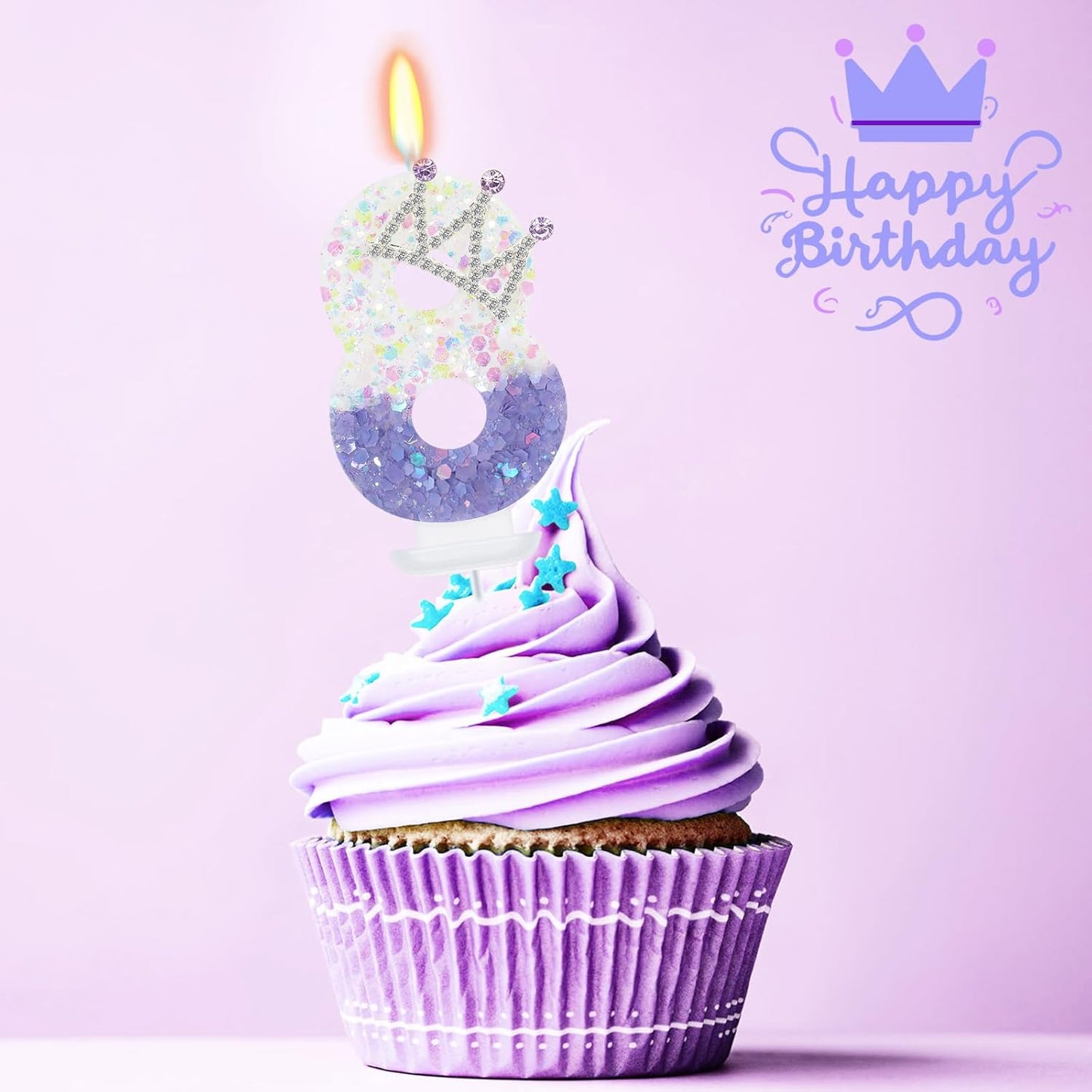 Number 8 Birthday Candle for Cake, Pink White Glitter Crown Cake Topper, Princess Birthday Party Decorations for Girls and Women Anniversary Celebrations Party Favors