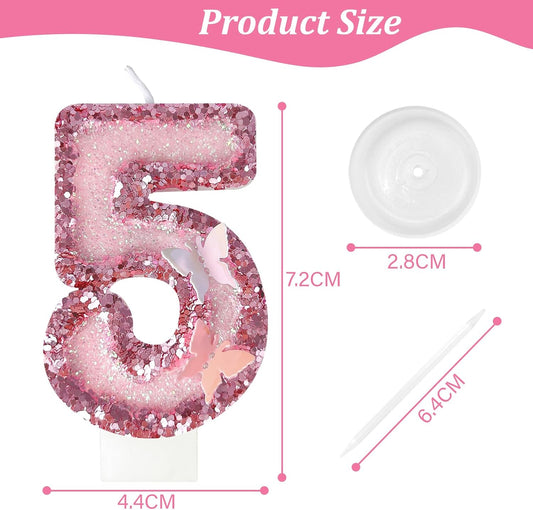 5th Birthday Candles，Glitter Butterfly Cake Toppers Pink Sequins Wedding Numeral Cupcake Decorations，Suitable for Girl and boy Wedding Cakes, Party Celebrations, Birthday Decorations
