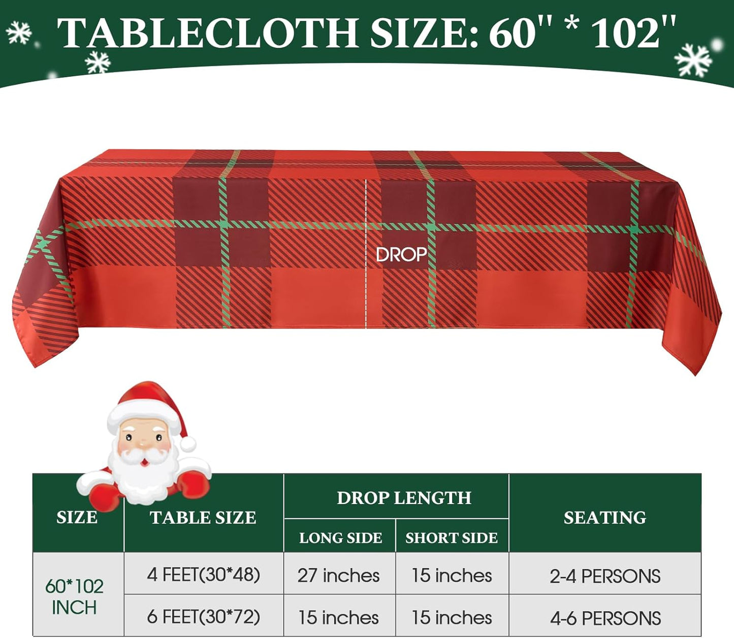 Christmas Tablecloth Rectangular 60x102 Inch Waterproof, Machine Washable Checkered Polyester Table Cover for Xmas Party, Winter Holiday Home Decoration in Festive Checkered Red 1pack