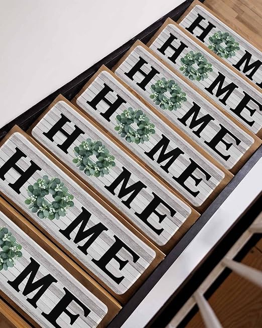 Stair Treads Non Slip Carpet,Home Green Eucalyptus Wreath Indoor Step Treads for Wooden Steps,Farm Vintage Wood Board Reusable Adhesive Stair Runner for Elders Dogs,4 Pack 8"x30"