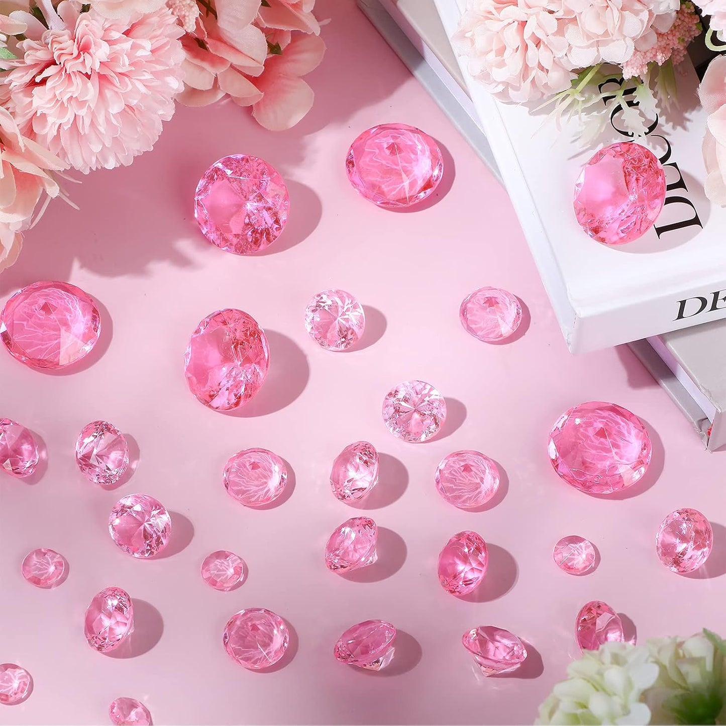 Hicarer 800 Pieces Diamond Decorations Acrylic Diamond Table Scatter Crystals for Table for Vase Fillers Party Table (Pink, 30mm, 20mm, 12mm, 8mm, 4mm)