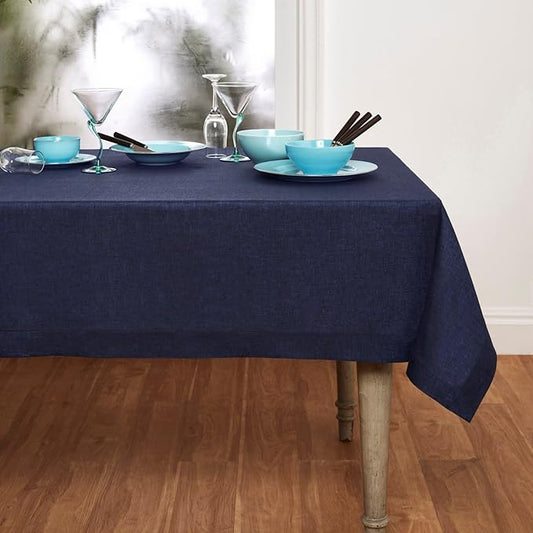 Solino Home Linen Tablecloth 60 x 144 Inch - 100% Pure Linen Chambray Navy Table Cloth for Rectangular Tables - Athena, Machine Washable Cloth Tablecloth for Winter, Spring