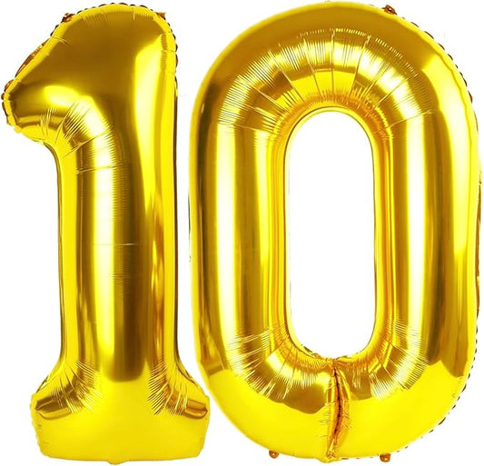 Gold Number 10 Balloon 40 inch, 10 Number Balloons, 10th Gold Birthday Decorations, 10 Year Old Girls Boys Golden Party Supplies