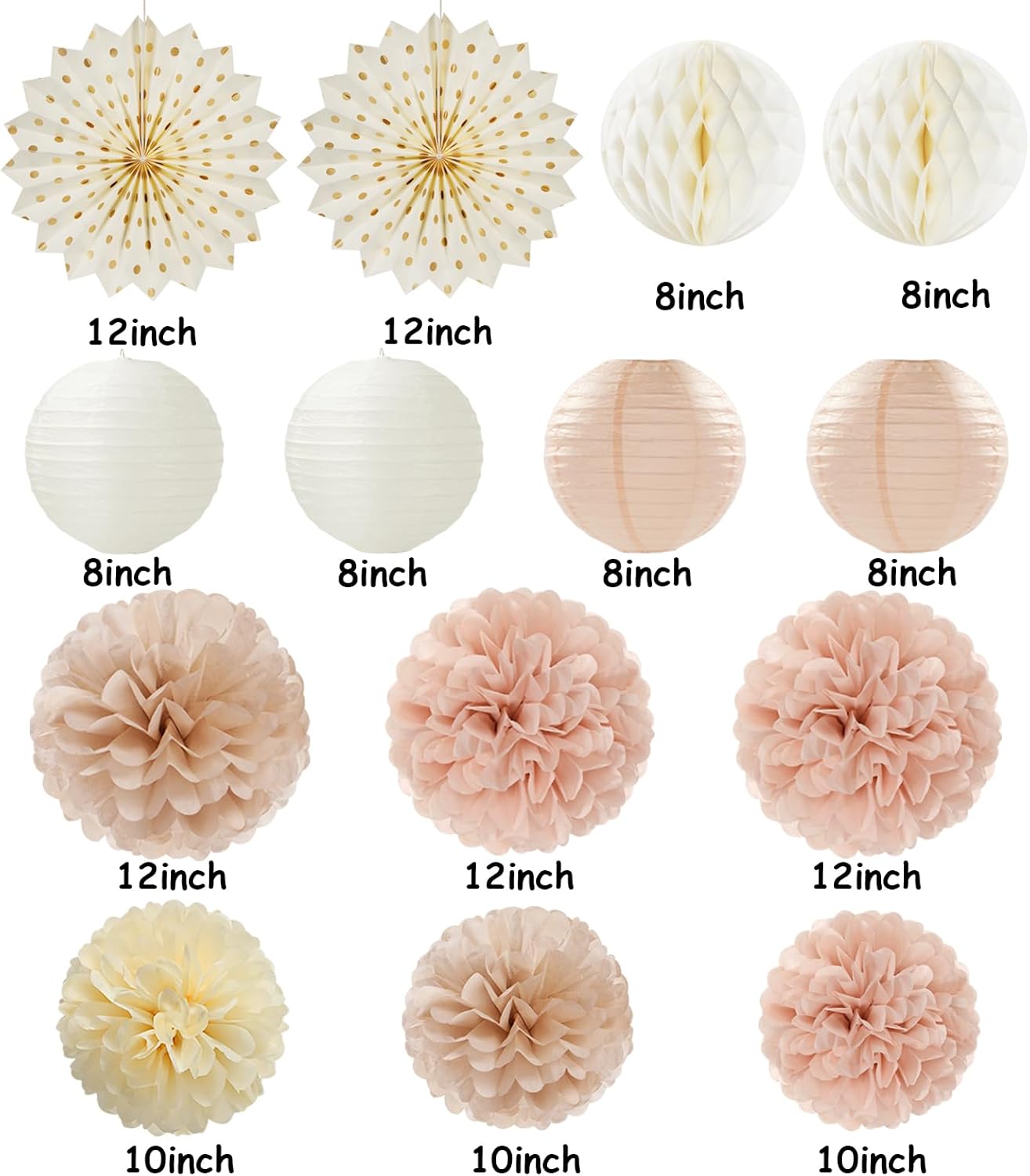 Champagne-Gold Beige-Peach Boho Party-Decorations Streamers - 14pcs Fall Neutral Baby Shower Rustic Bohemian Wedding Paper Honeycomb Lanterns Fan,Birthday Bachelorette Bridal Decor Lasting Surprise