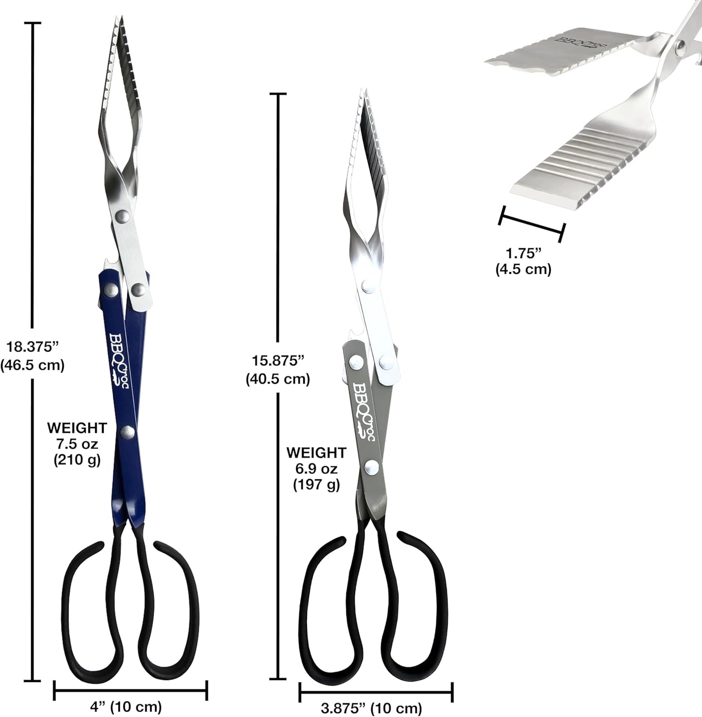BBQ Croc 3-in-1 Barbecue Tool 18-inch + 15-inch 2-Pack - Extra Light and Long Tongs, Spatula and Grill Scraper (Blue) (18 inch + 15 inch)