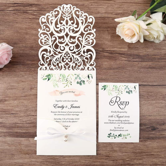 5X7.2 Inch 50PCS Personalized Laser Cut White Wedding Invitations With Rsvp Cards And Envelopes And Ribbon Belly Band Pearl Embellishments Wedding Invitation Cards For Wedding Invite